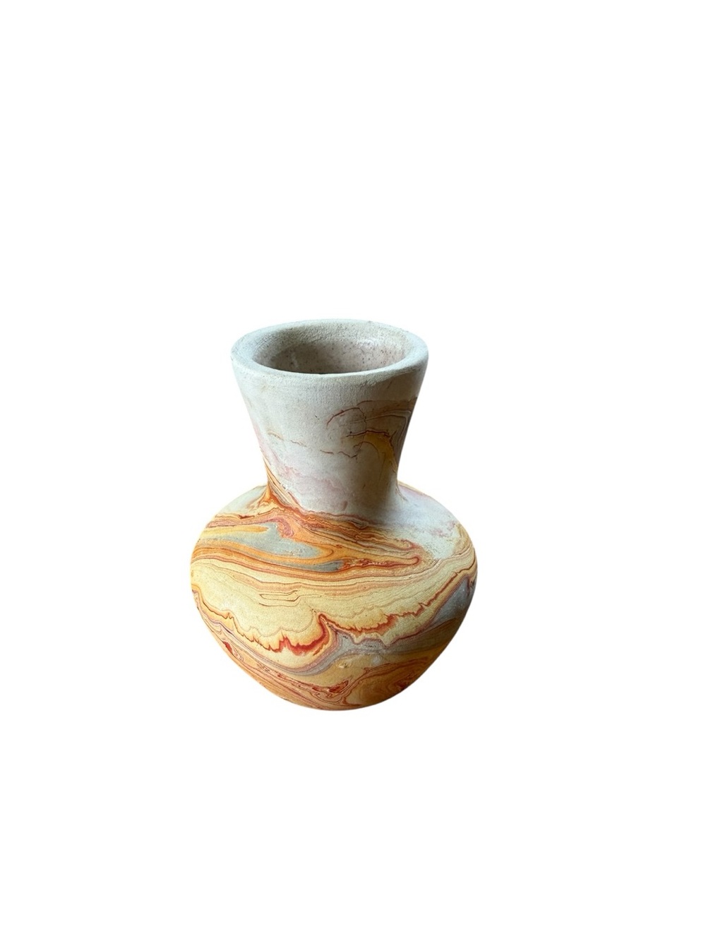 VTG Nemadji Clay Indian Pottery Vase Swirl, Orange ,Brown ,Red Stamped 4”